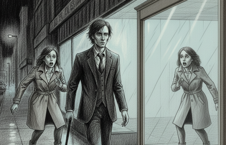 A woman is aghast as she sees the man cast no reflection