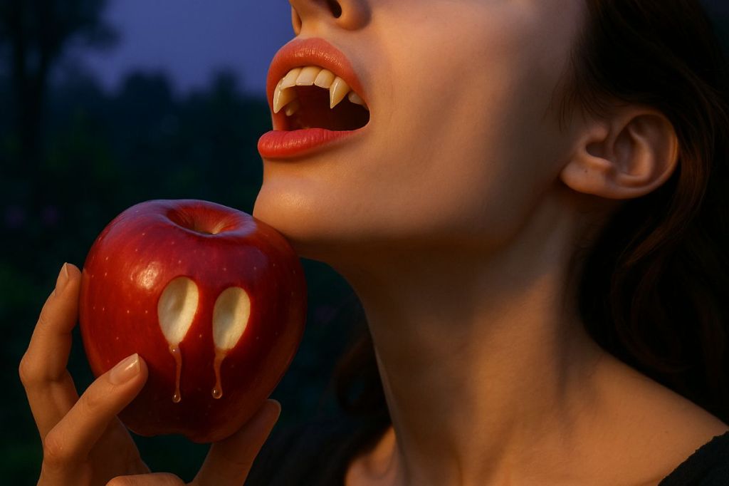 Dhampir woman bites an apple