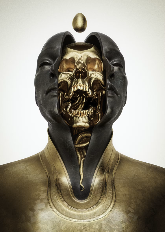 Sculpture of a golden skull uncovered by a split face