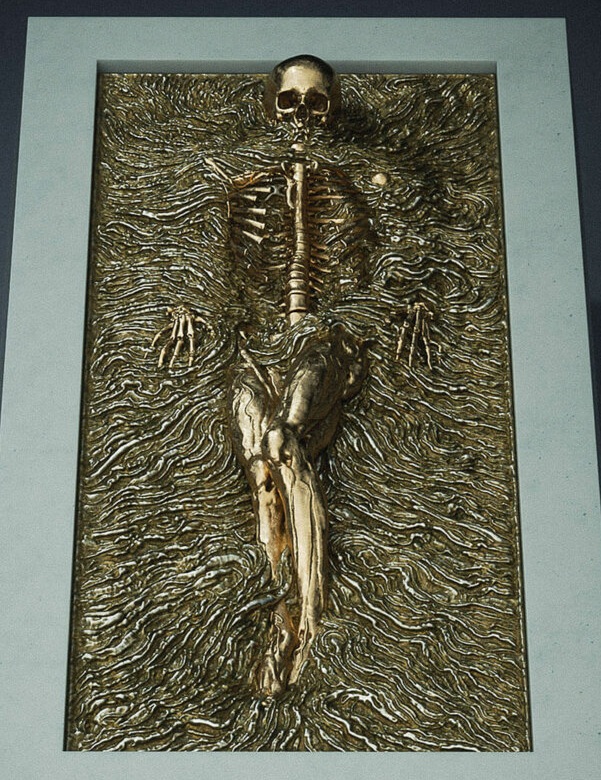 Sculpture of a golden skeleton partially covered in metal soil and roots