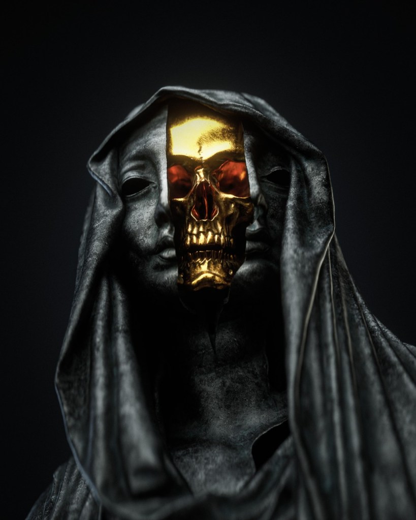 Sculpture of a golden skull revealed by the cleaved face.