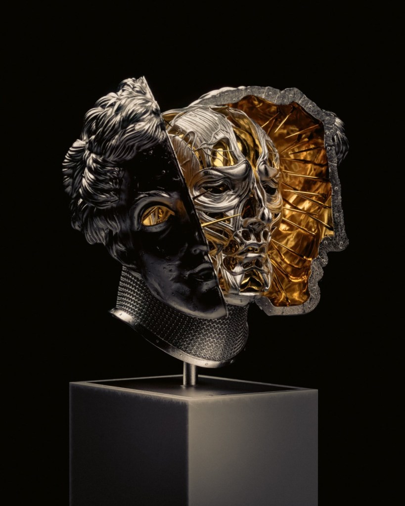 Sculpture of an eerie skull exposed by a cleaved face