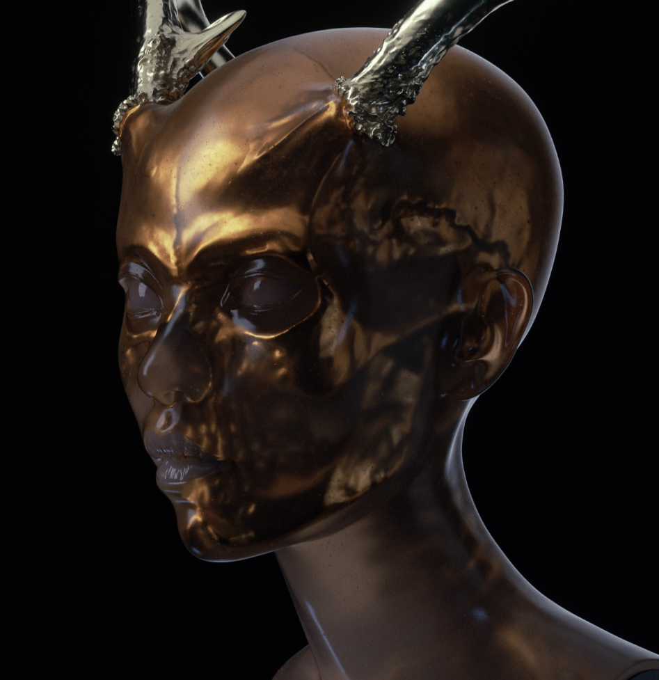 Sculpture of a human head with deer horns, flesh showing through to a golden skull within.
