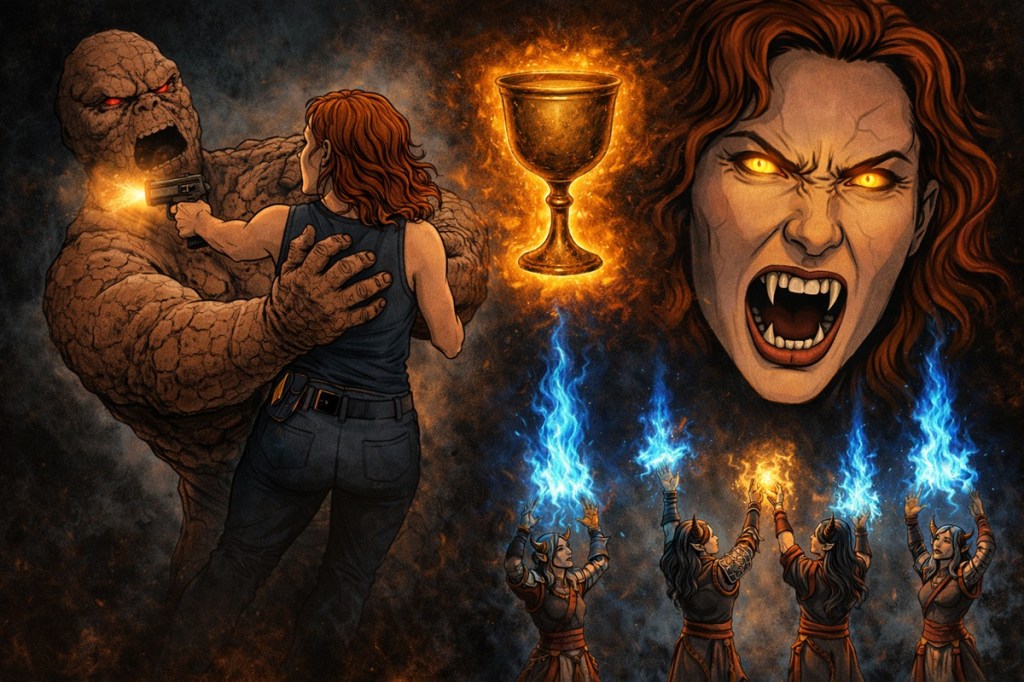 The dhampir Nikki Lange battles a golem in a collage with paladins casting a spell and the Unholy Grail glowing