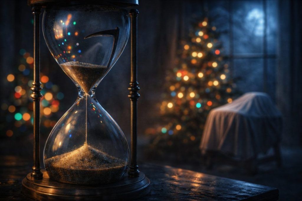 Hourglass counting down to zero with Christmas decor and bassinette in background