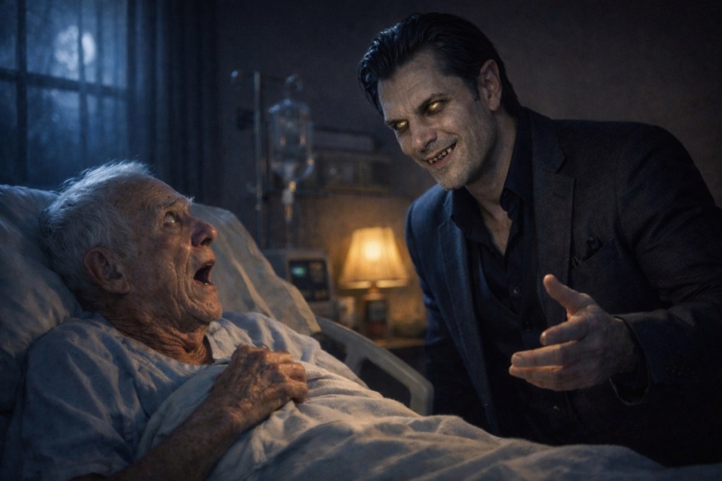 An Urban Fantasy vampire discusses something with a terrified man in a bed