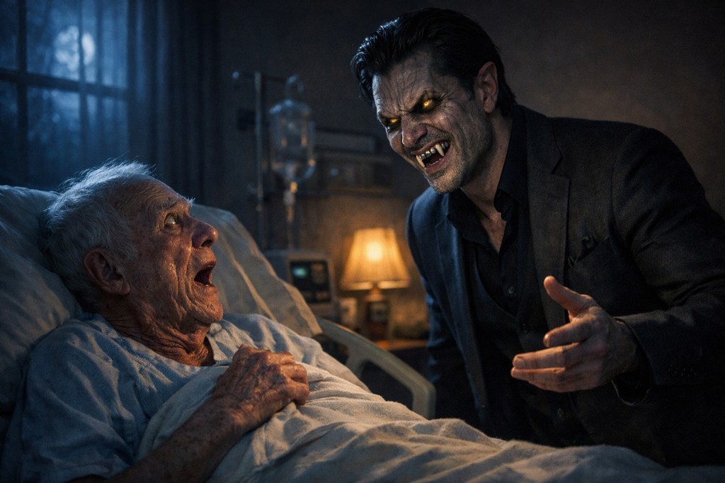 A vampire 'discusses' with a startled man in bed